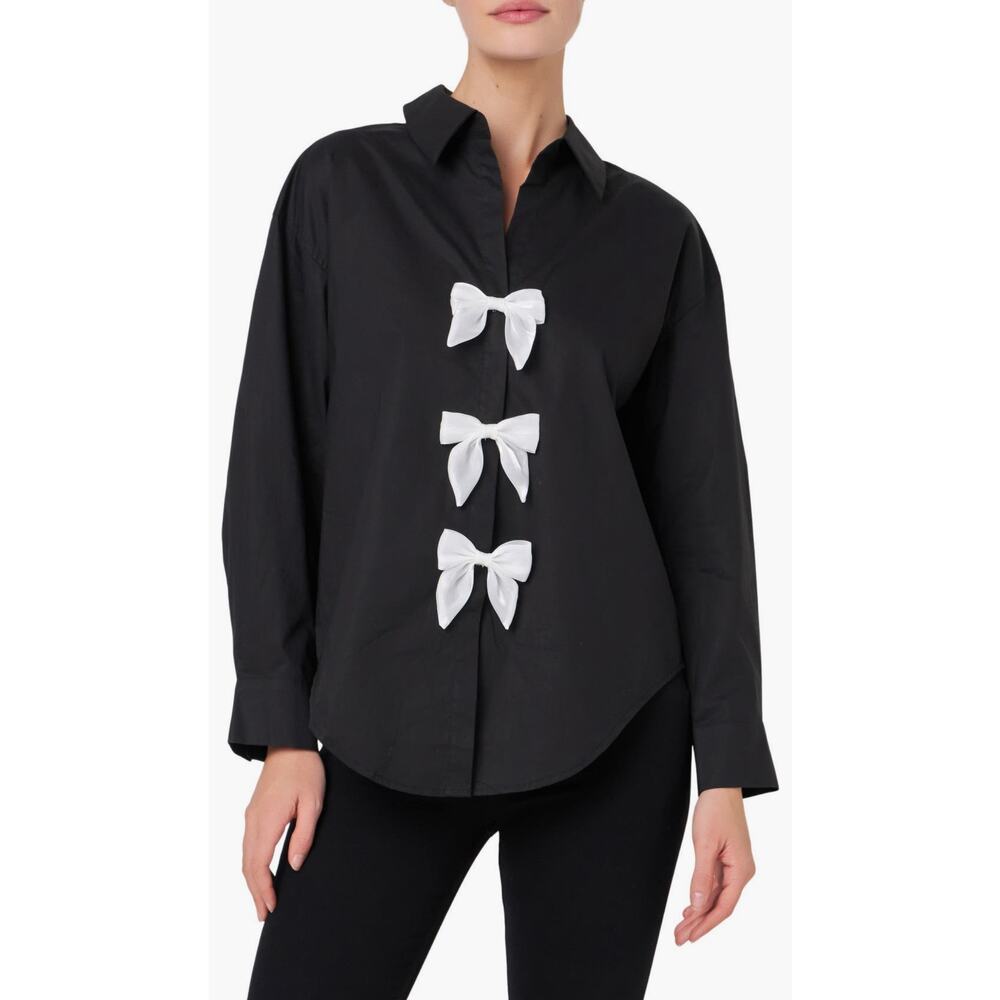 English Factor Bow Poplin Button-Up Shirt Black Size Medium